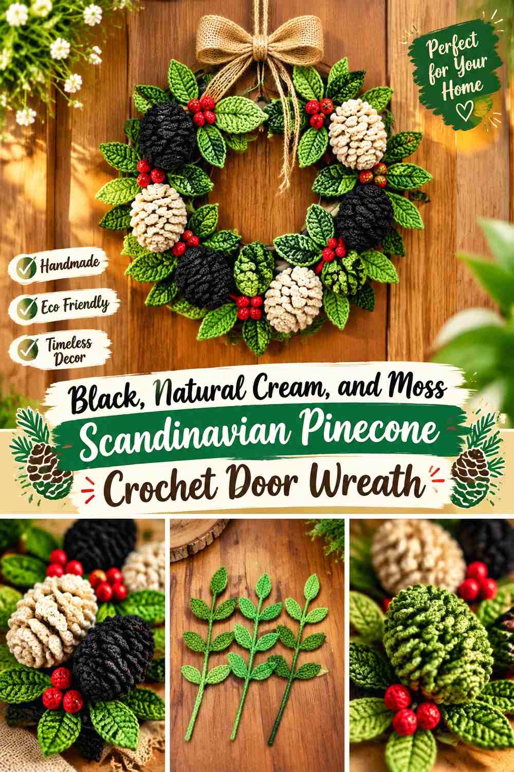 Black, Natural Cream, and Moss Scandinavian Pinecone Crochet Door Wreath
