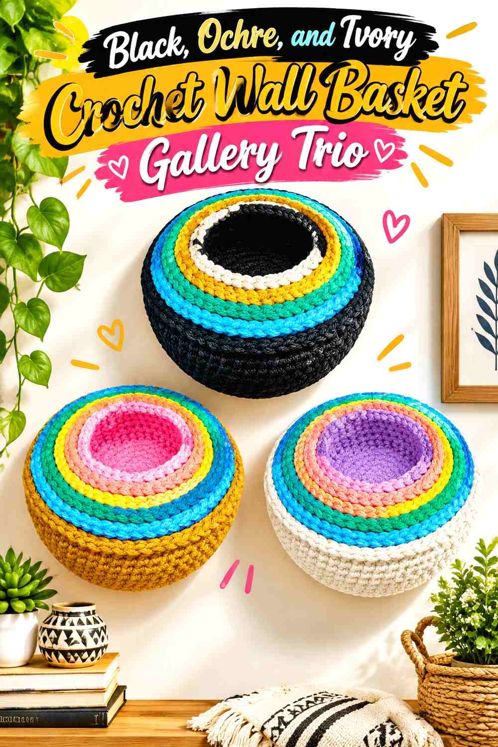 Black, Ochre, and Ivory Crochet Wall Basket Gallery Trio