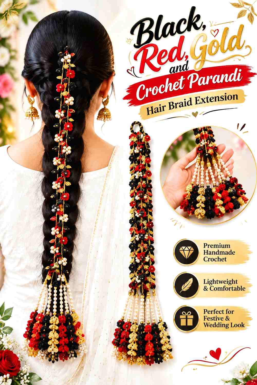 Black, Red, and Gold Crochet Parandi Hair Braid Extension
