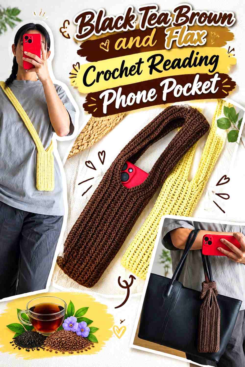 Black Tea Brown and Flax Crochet Reading Phone Pocket