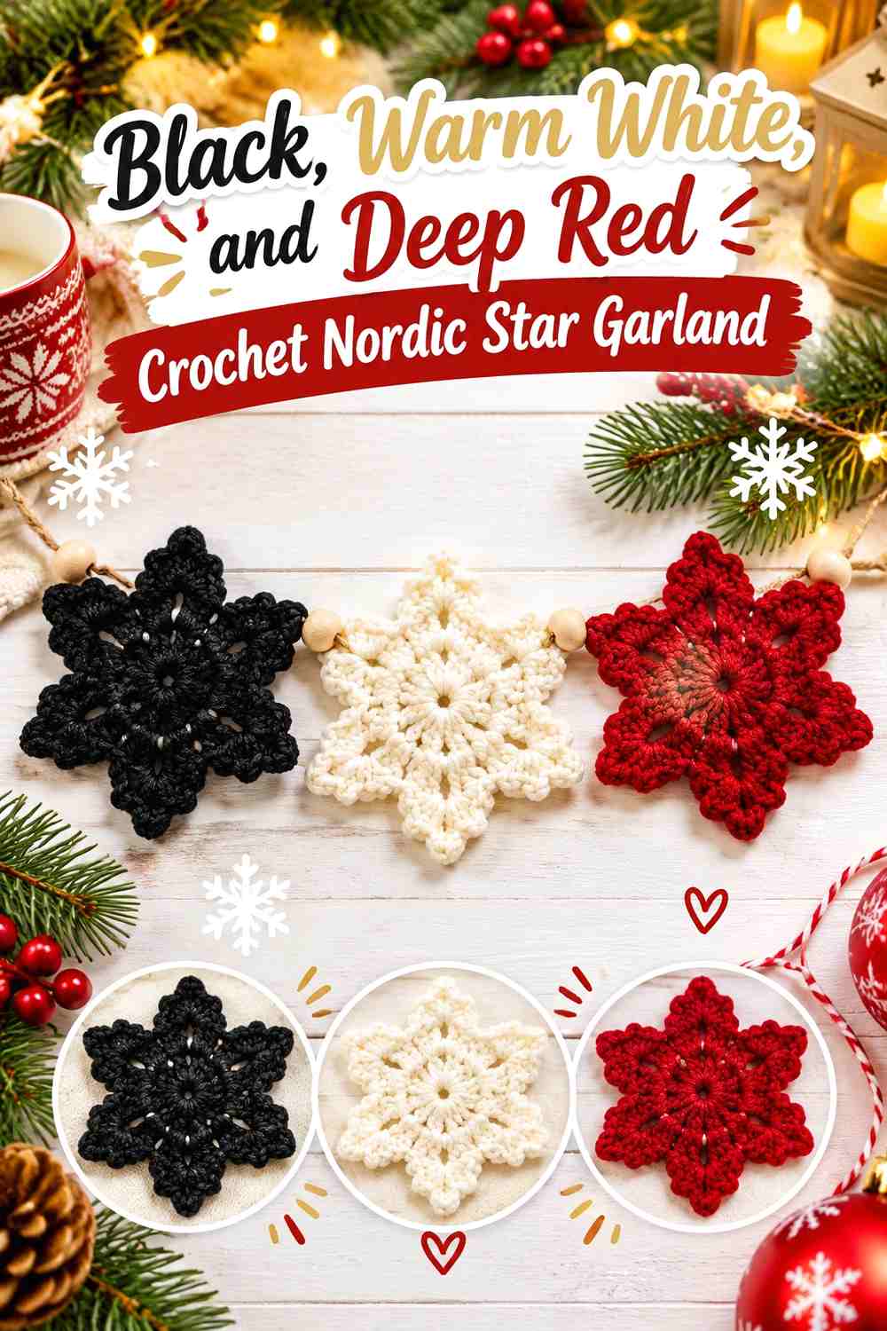 Black, Warm White, and Deep Red Crochet Nordic Star Garland