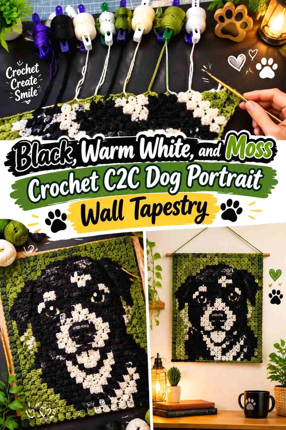 Black, Warm White, and Moss Crochet C2C Dog Portrait Wall Tapestry