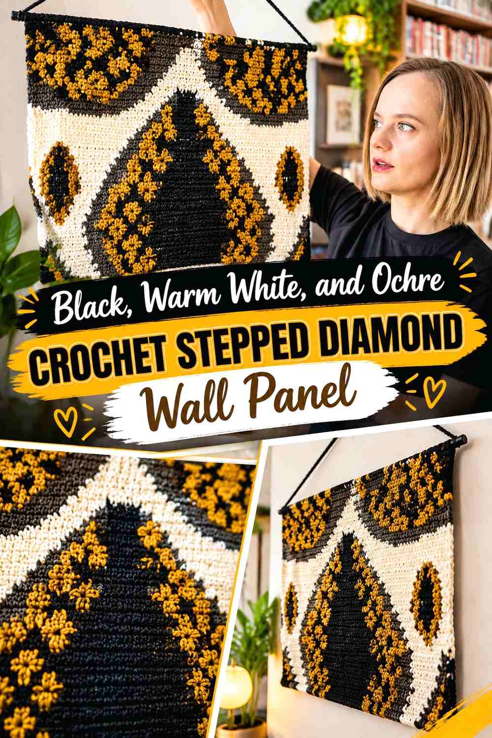 Black, Warm White, and Ochre Crochet Stepped Diamond Wall Panel