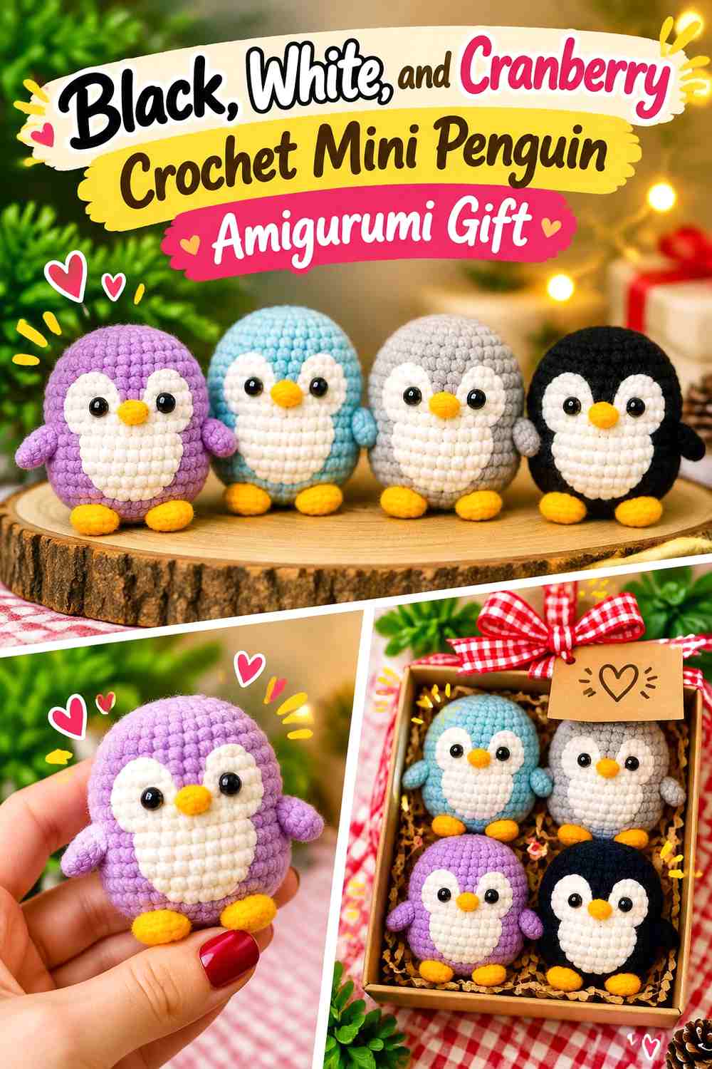Black, White, and Cranberry Crochet Mini Penguin Amigurumi Gift