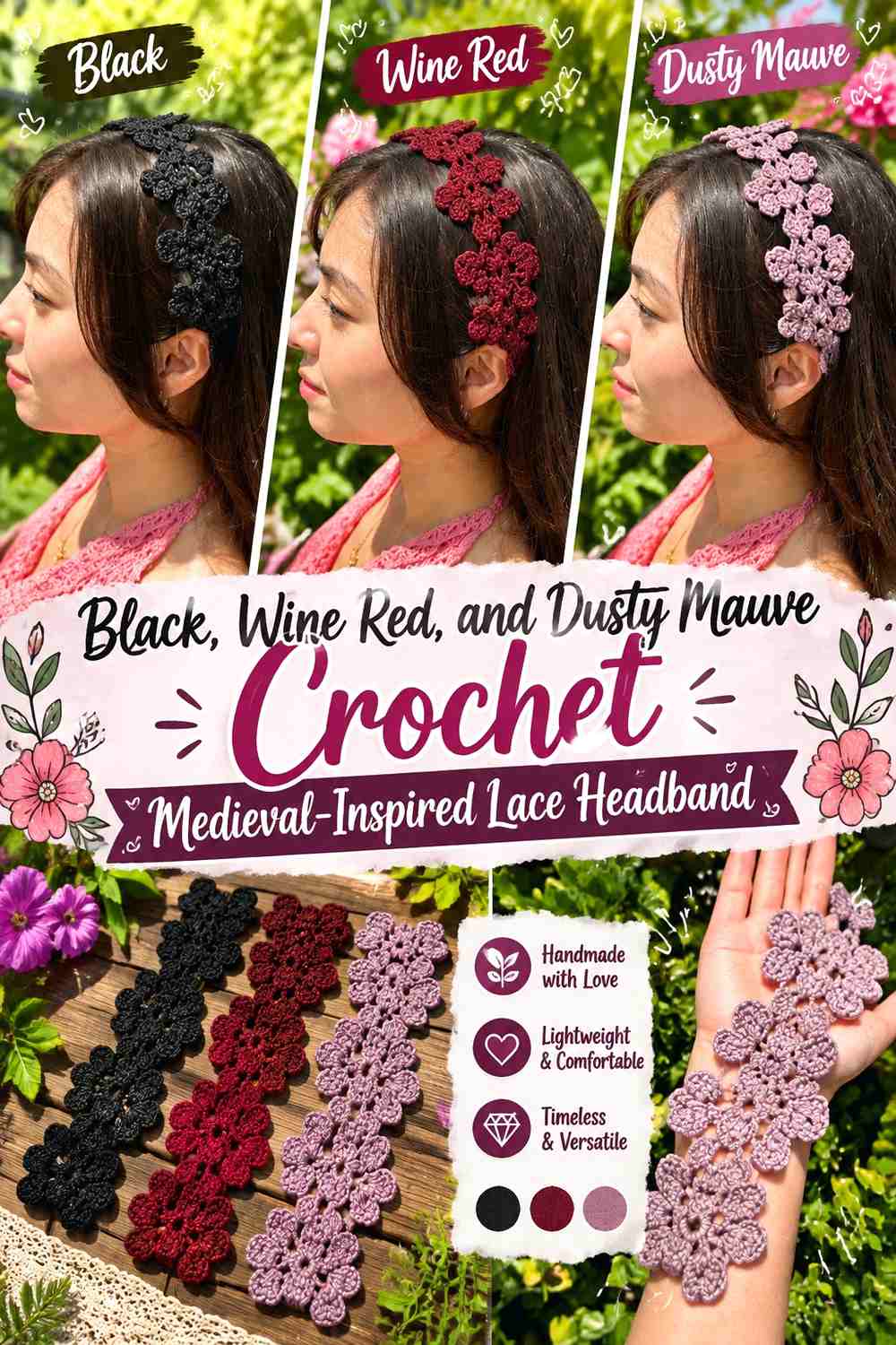 Black, Wine Red, and Dusty Mauve Crochet Medieval-Inspired Lace Headband