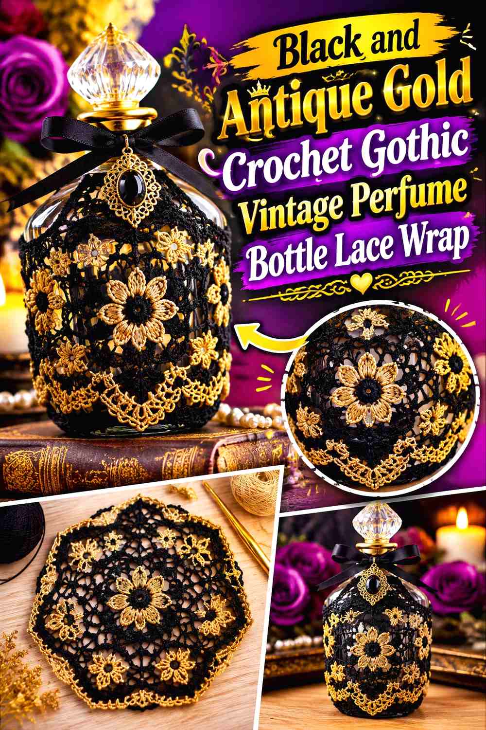 Black and Antique Gold Crochet Gothic Vintage Perfume Bottle Lace Wrap