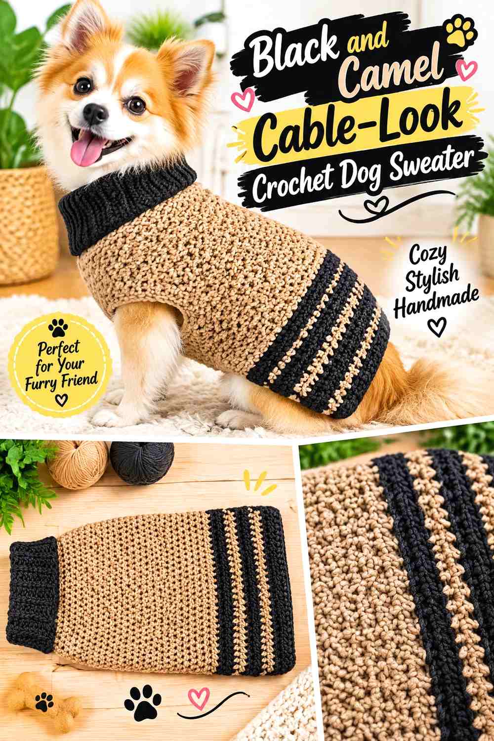 Black and Camel Cable-Look Crochet Dog Sweater