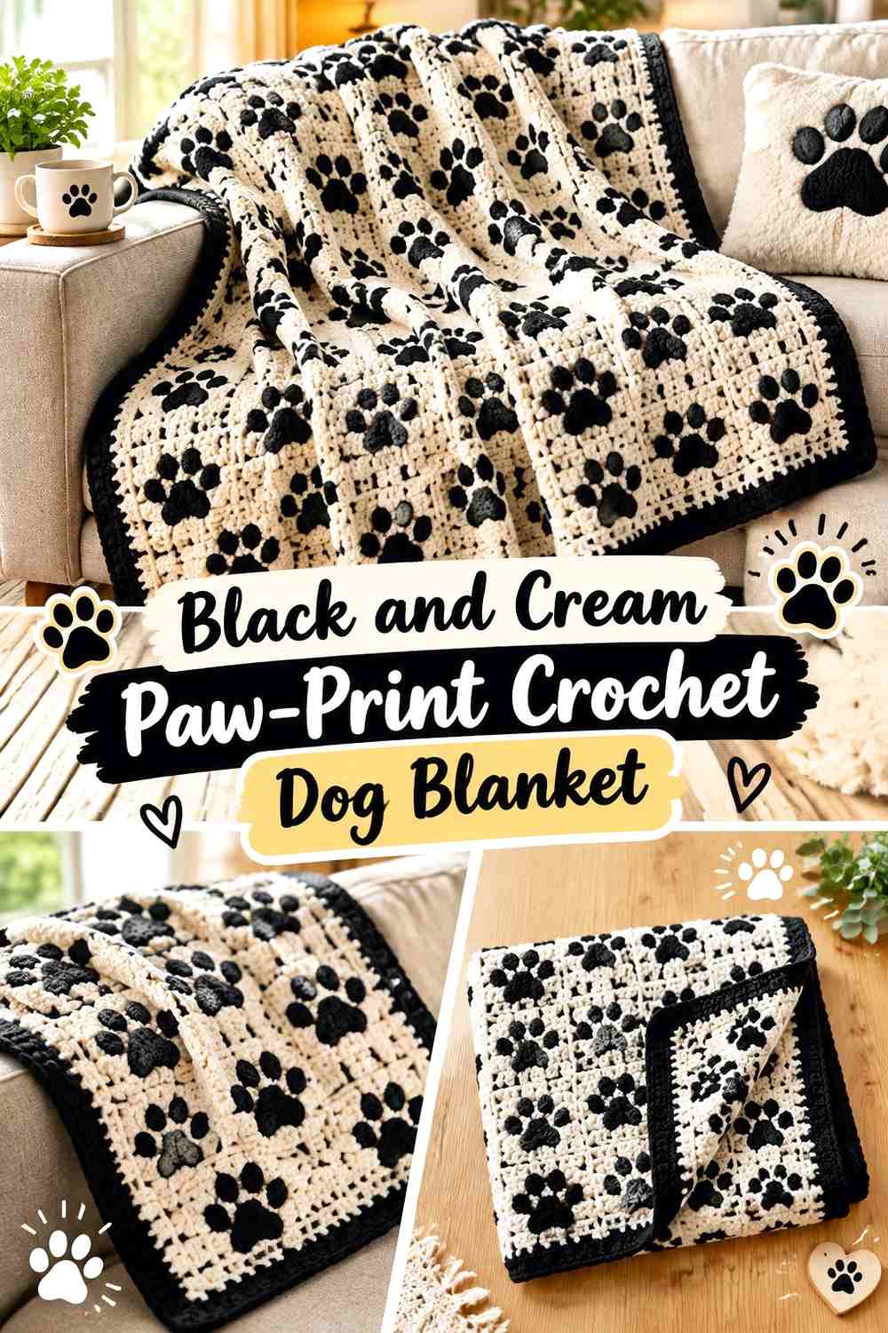 Black and Cream Paw-Print Crochet Dog Blanket