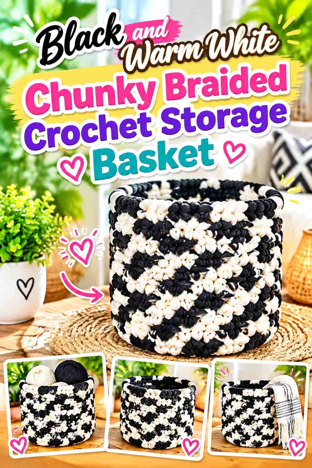 Black and Warm White Chunky Braided Crochet Storage Basket