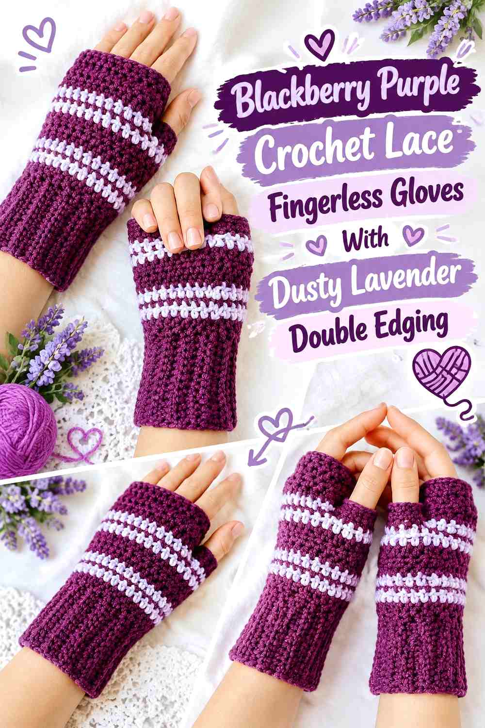 Blackberry Purple Crochet Lace Fingerless Gloves With Dusty Lavender Double Edging
