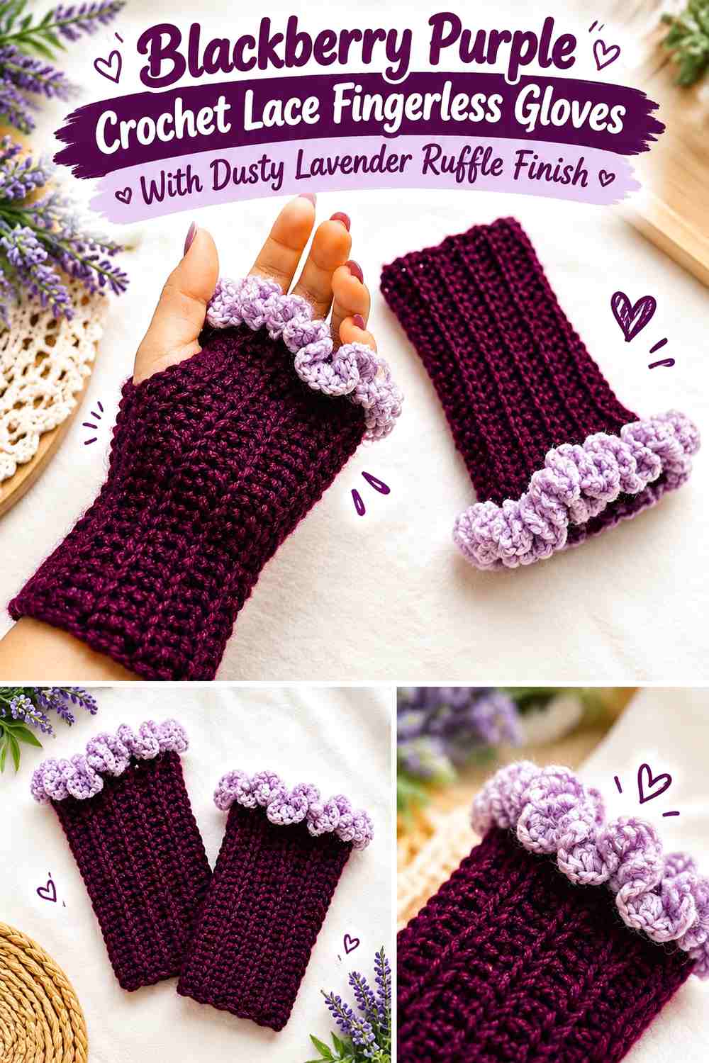 Blackberry Purple Crochet Lace Fingerless Gloves With Dusty Lavender Ruffle Finish