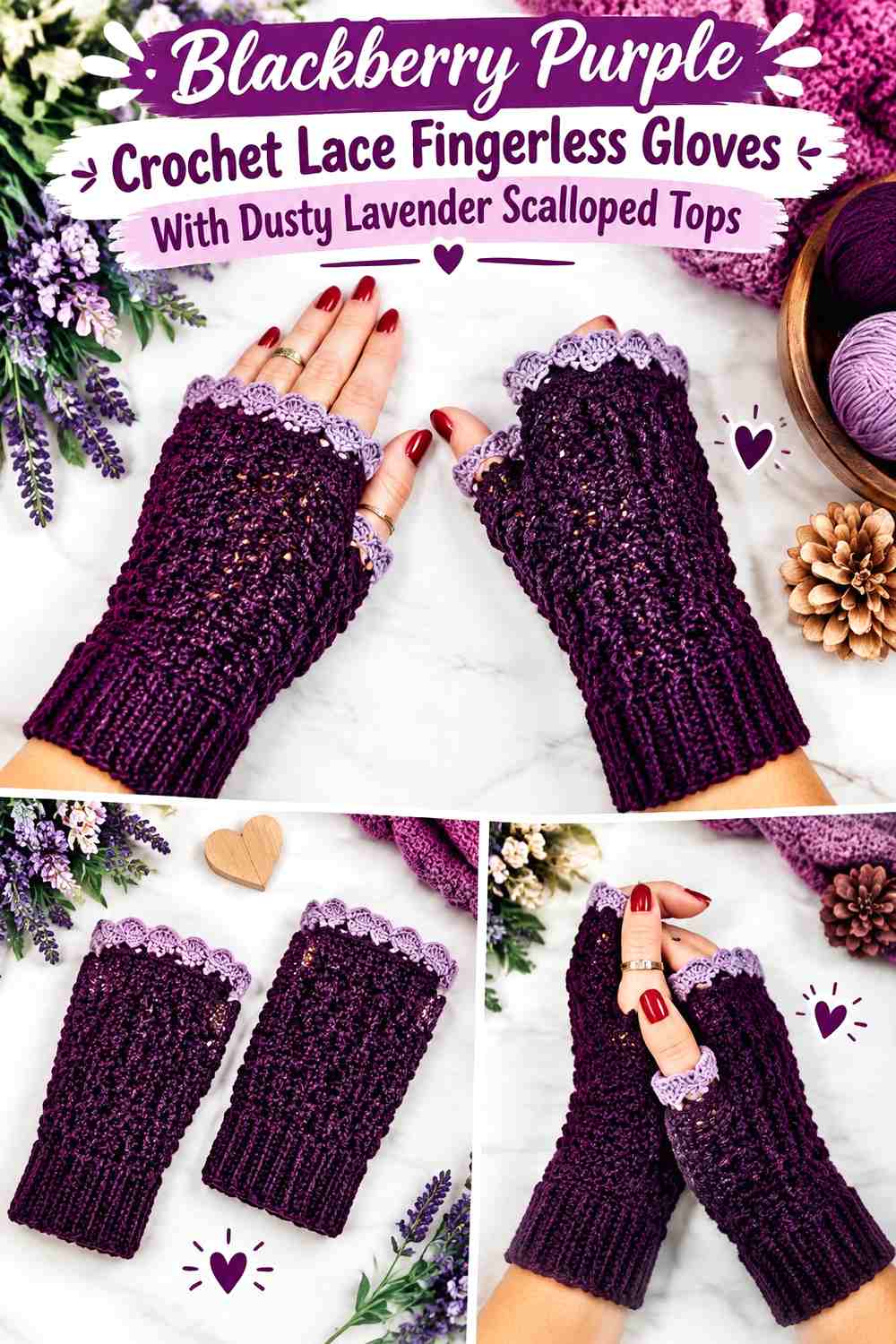 Blackberry Purple Crochet Lace Fingerless Gloves With Dusty Lavender Scalloped Tops