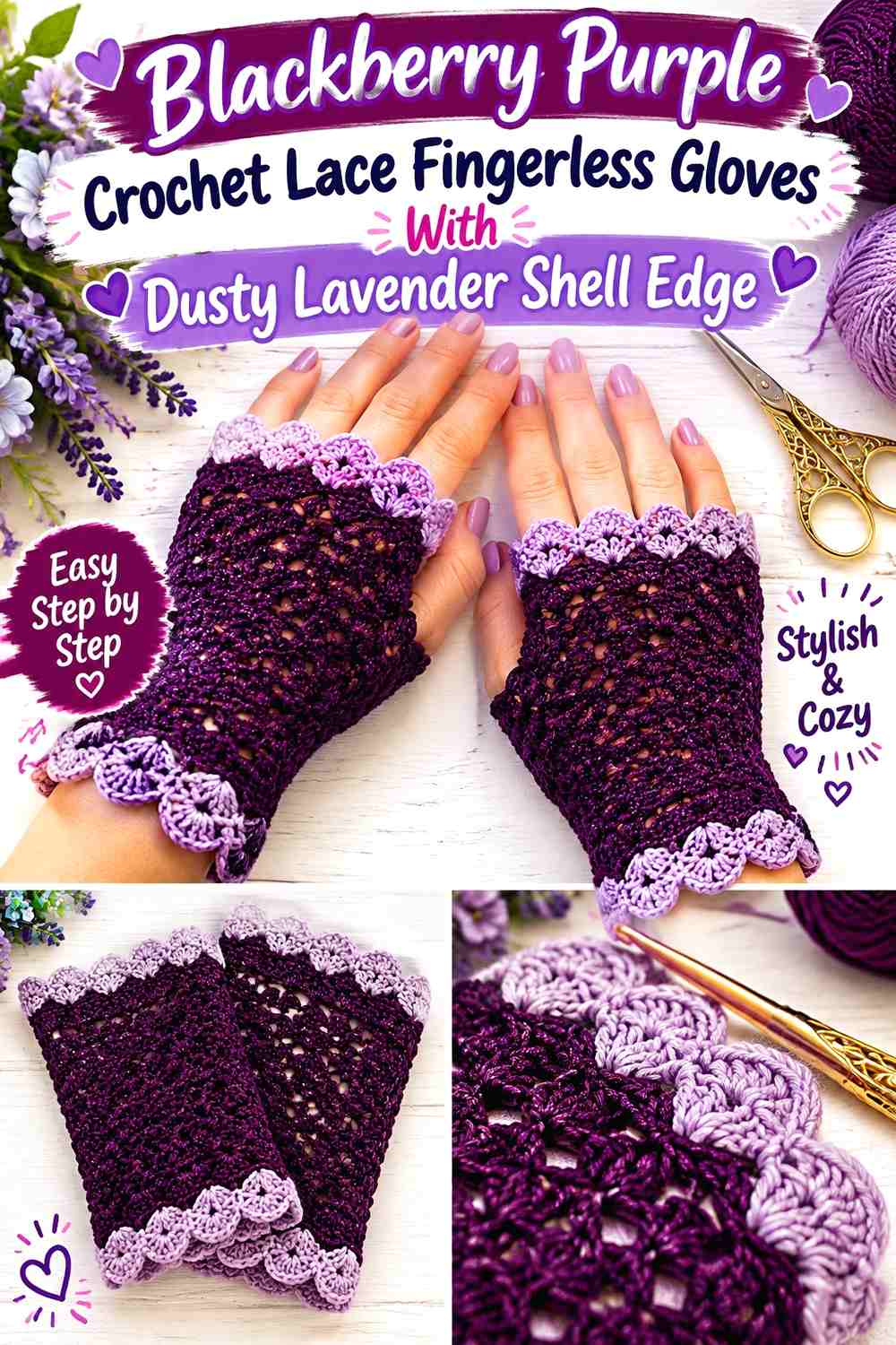 Blackberry Purple Crochet Lace Fingerless Gloves With Dusty Lavender Shell Edge