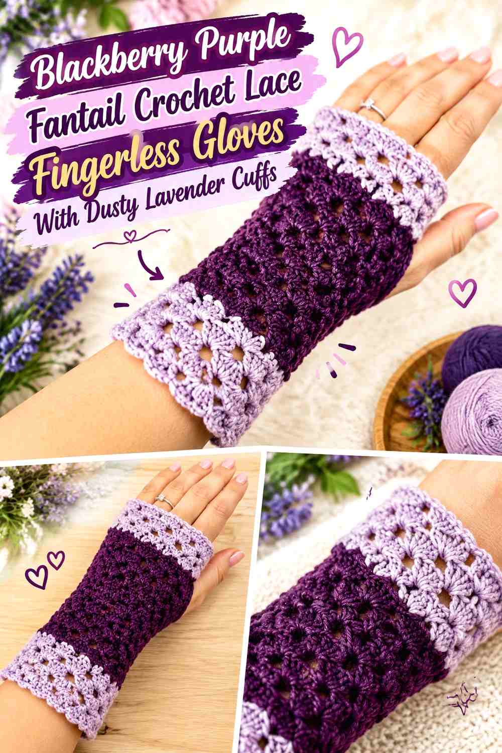 Blackberry Purple Fantail Crochet Lace Fingerless Gloves With Dusty Lavender Cuffs