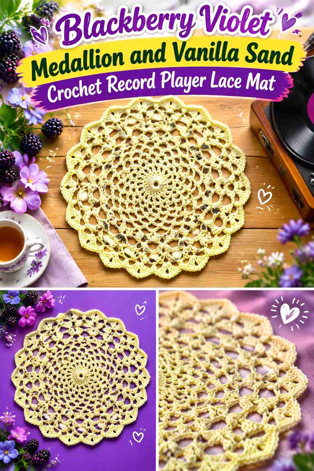 Blackberry Violet Medallion and Vanilla Sand Crochet Record Player Lace Mat