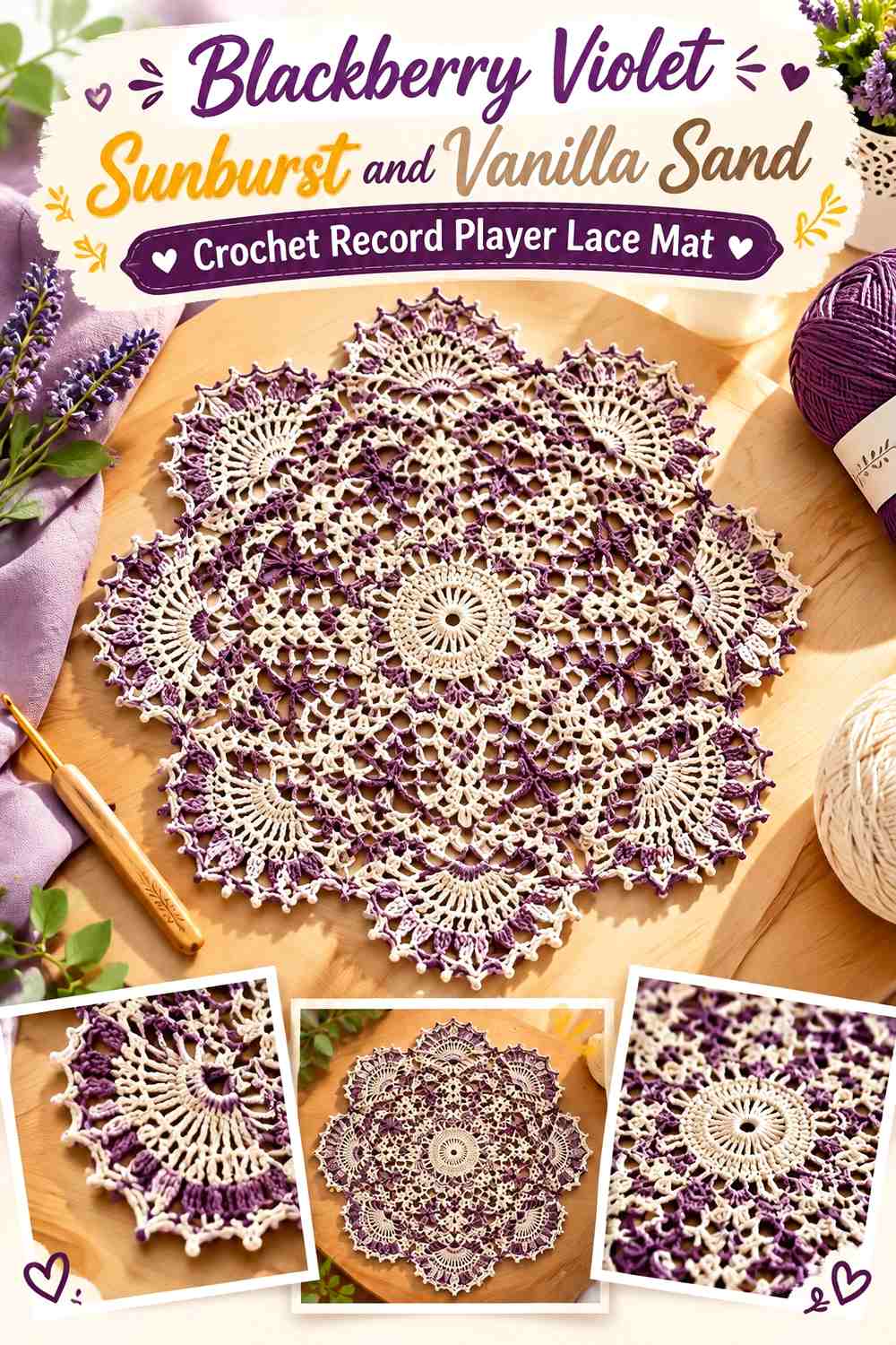 Blackberry Violet Sunburst and Vanilla Sand Crochet Record Player Lace Mat