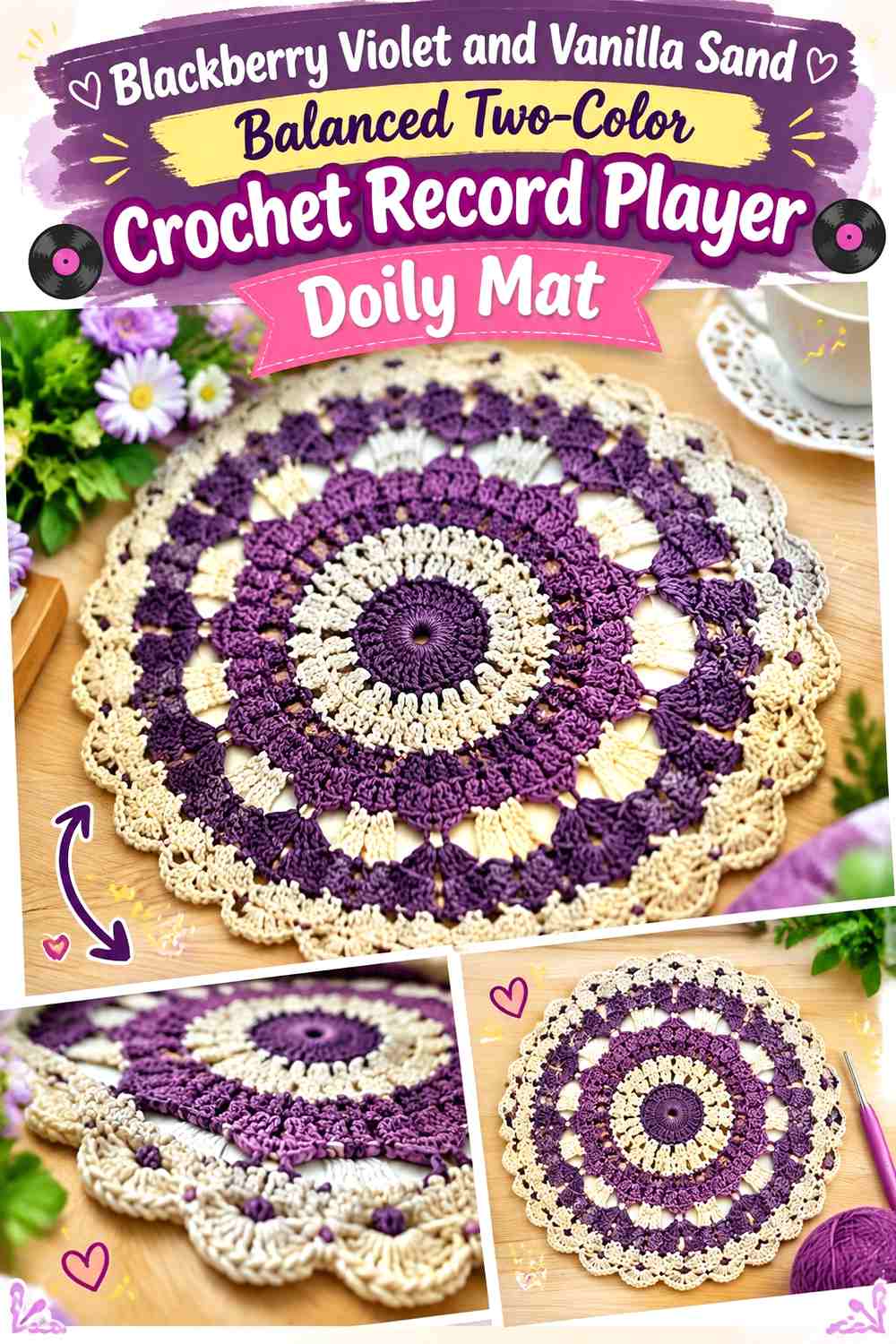 Blackberry Violet and Vanilla Sand Balanced Two-Color Crochet Record Player Doily Mat