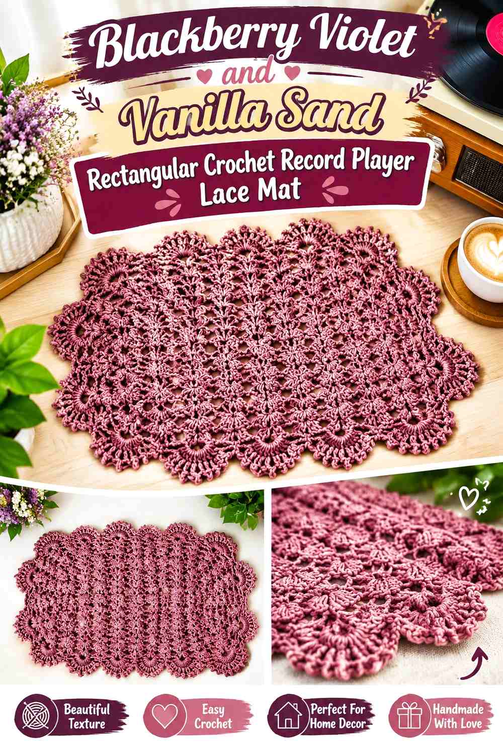 Blackberry Violet and Vanilla Sand Rectangular Crochet Record Player Lace Mat