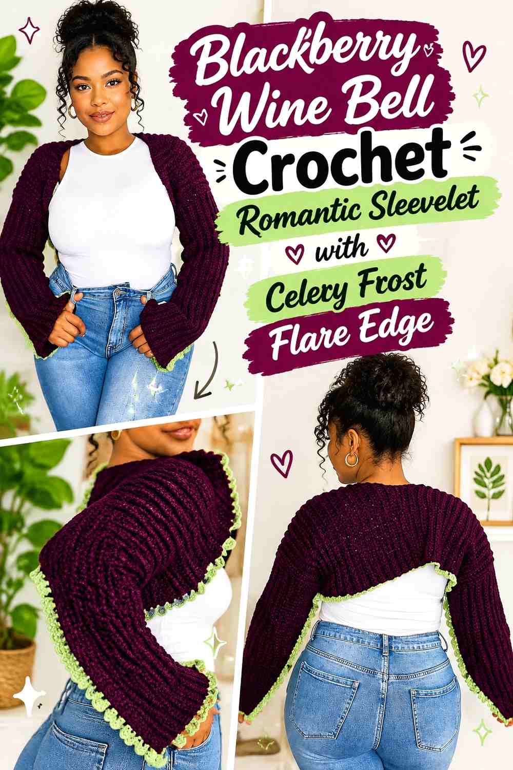Blackberry Wine Bell Crochet Romantic Sleevelet with Celery Frost Flare Edge