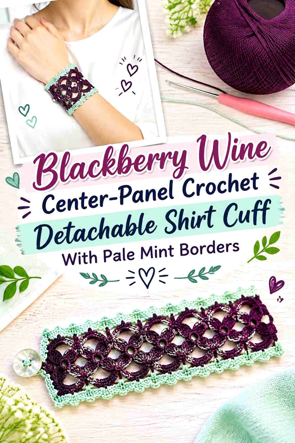 Blackberry Wine Center-Panel Crochet Detachable Shirt Cuff With Pale Mint Borders
