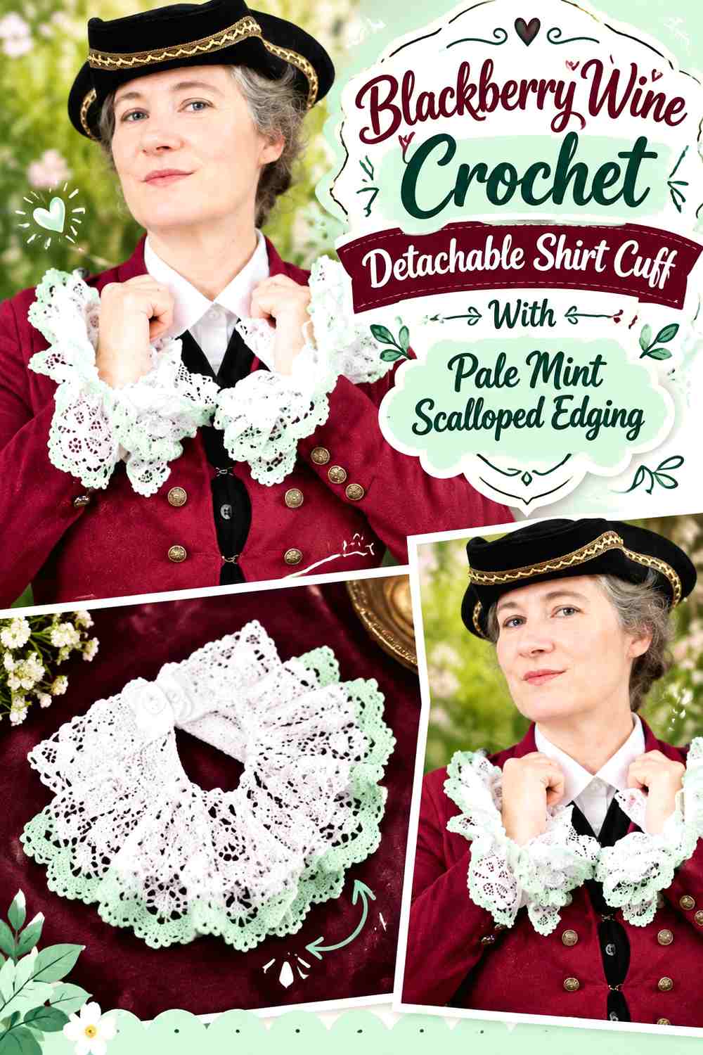 Blackberry Wine Crochet Detachable Shirt Cuff With Pale Mint Scalloped Edging