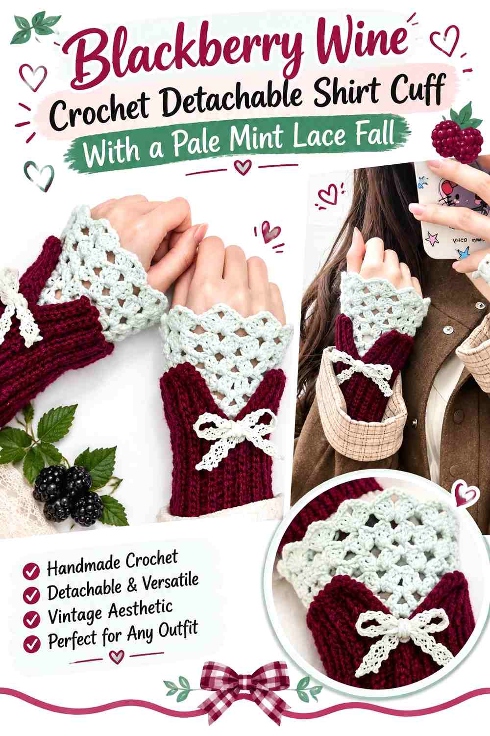 Blackberry Wine Crochet Detachable Shirt Cuff With a Pale Mint Lace Fall