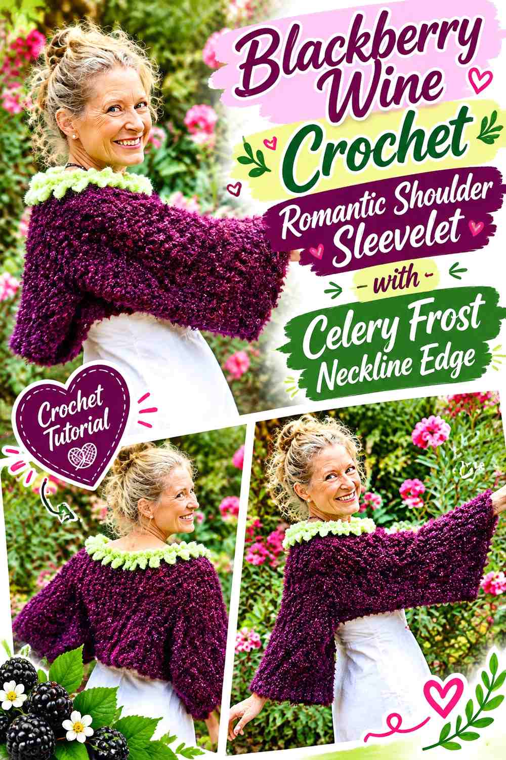 Blackberry Wine Crochet Romantic Shoulder Sleevelet with Celery Frost Neckline Edge