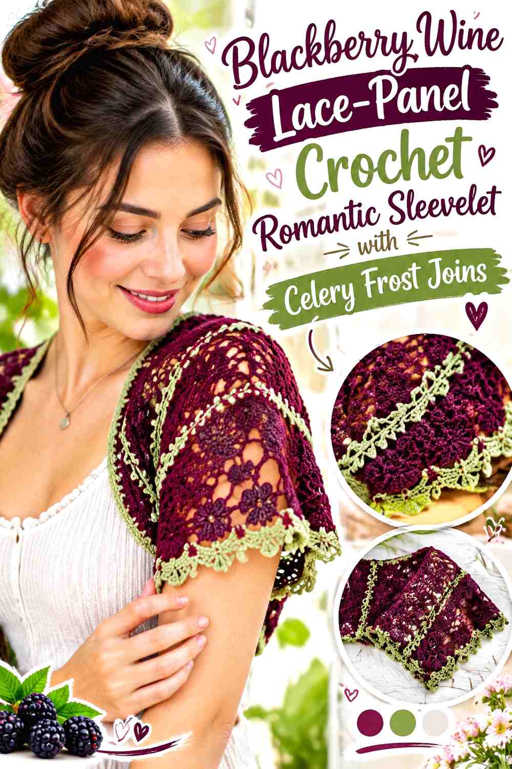 Blackberry Wine Lace-Panel Crochet Romantic Sleevelet with Celery Frost Joins