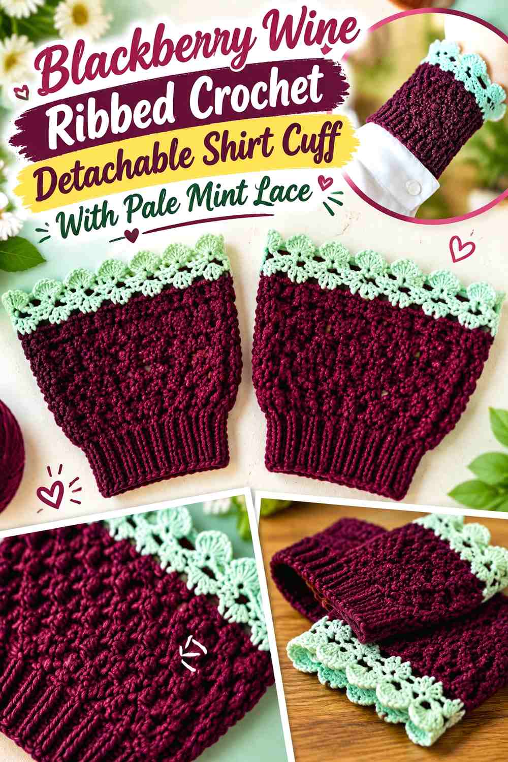 Blackberry Wine Ribbed Crochet Detachable Shirt Cuff With Pale Mint Lace
