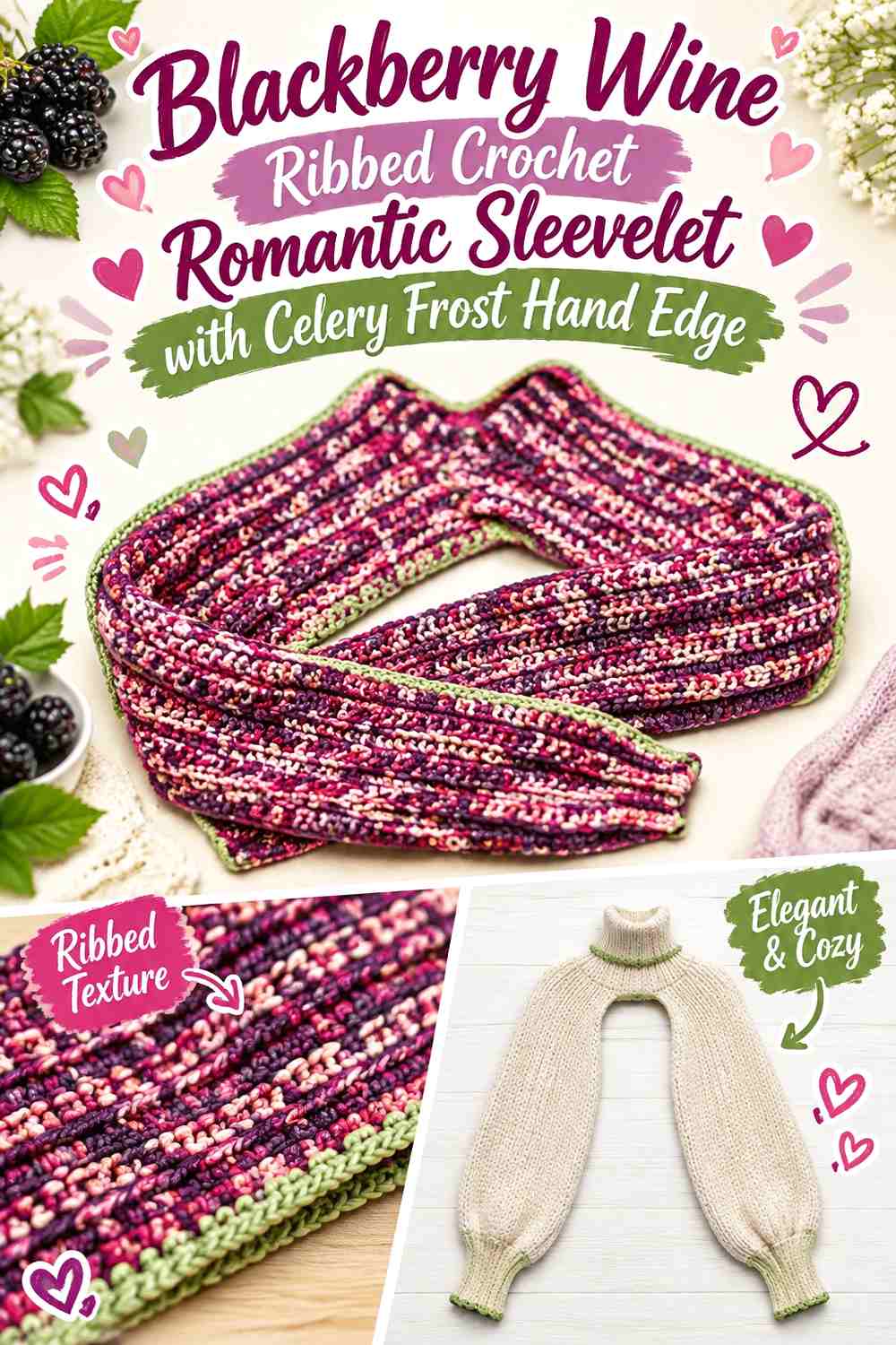Blackberry Wine Ribbed Crochet Romantic Sleevelet with Celery Frost Hand Edge