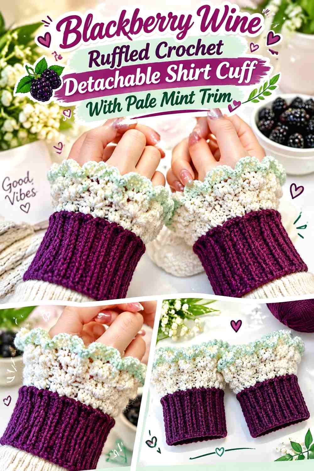 Blackberry Wine Ruffled Crochet Detachable Shirt Cuff With Pale Mint Trim