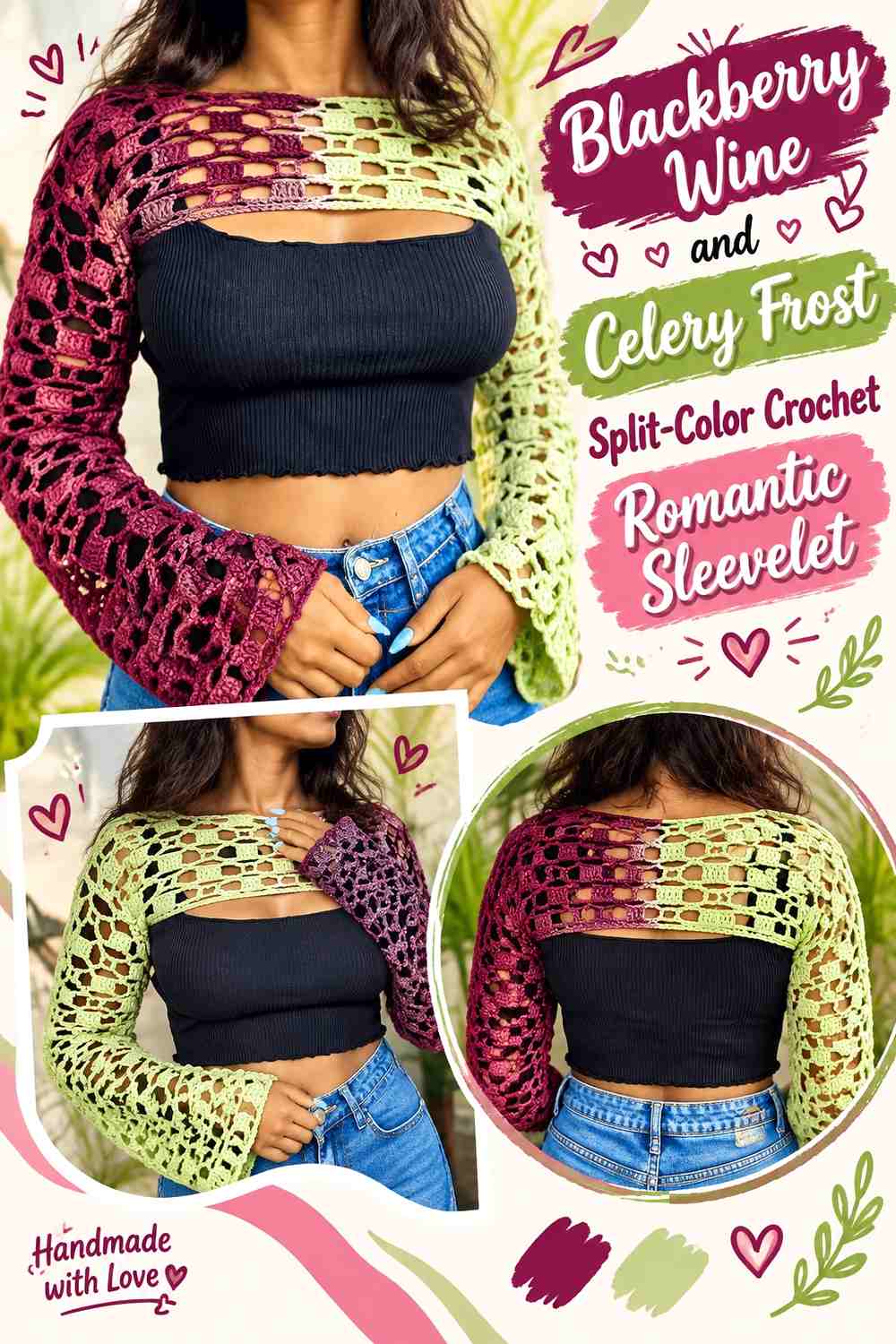 Blackberry Wine and Celery Frost Split-Color Crochet Romantic Sleevelet