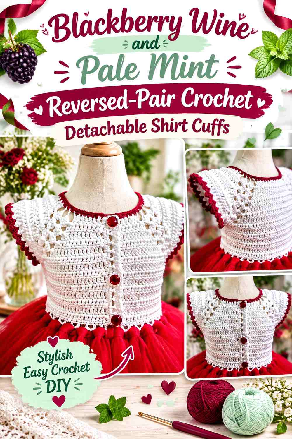 Blackberry Wine and Pale Mint Reversed-Pair Crochet Detachable Shirt Cuffs