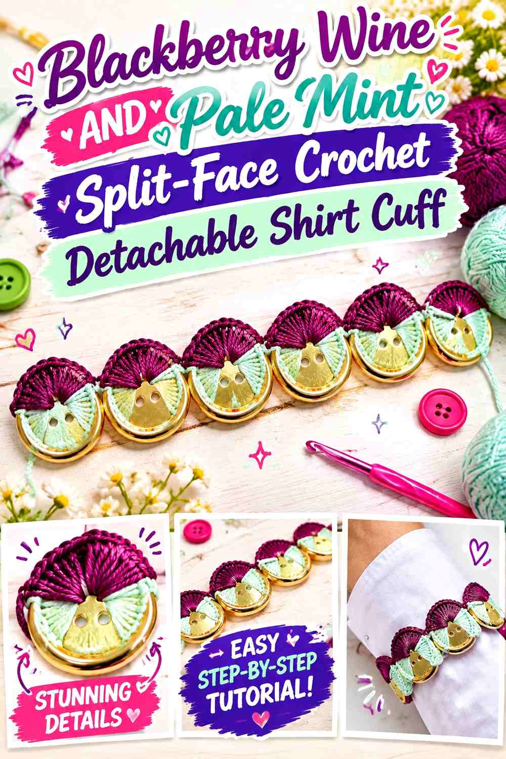 Blackberry Wine and Pale Mint Split-Face Crochet Detachable Shirt Cuff
