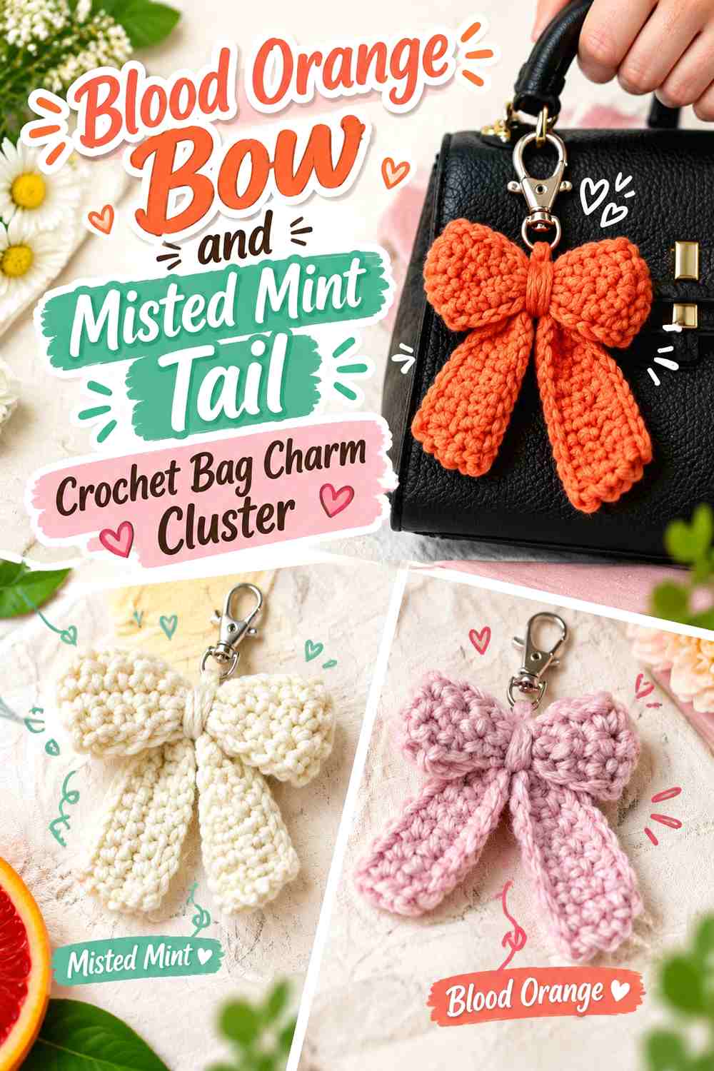 Blood Orange Bow and Misted Mint Tail Crochet Bag Charm Cluster