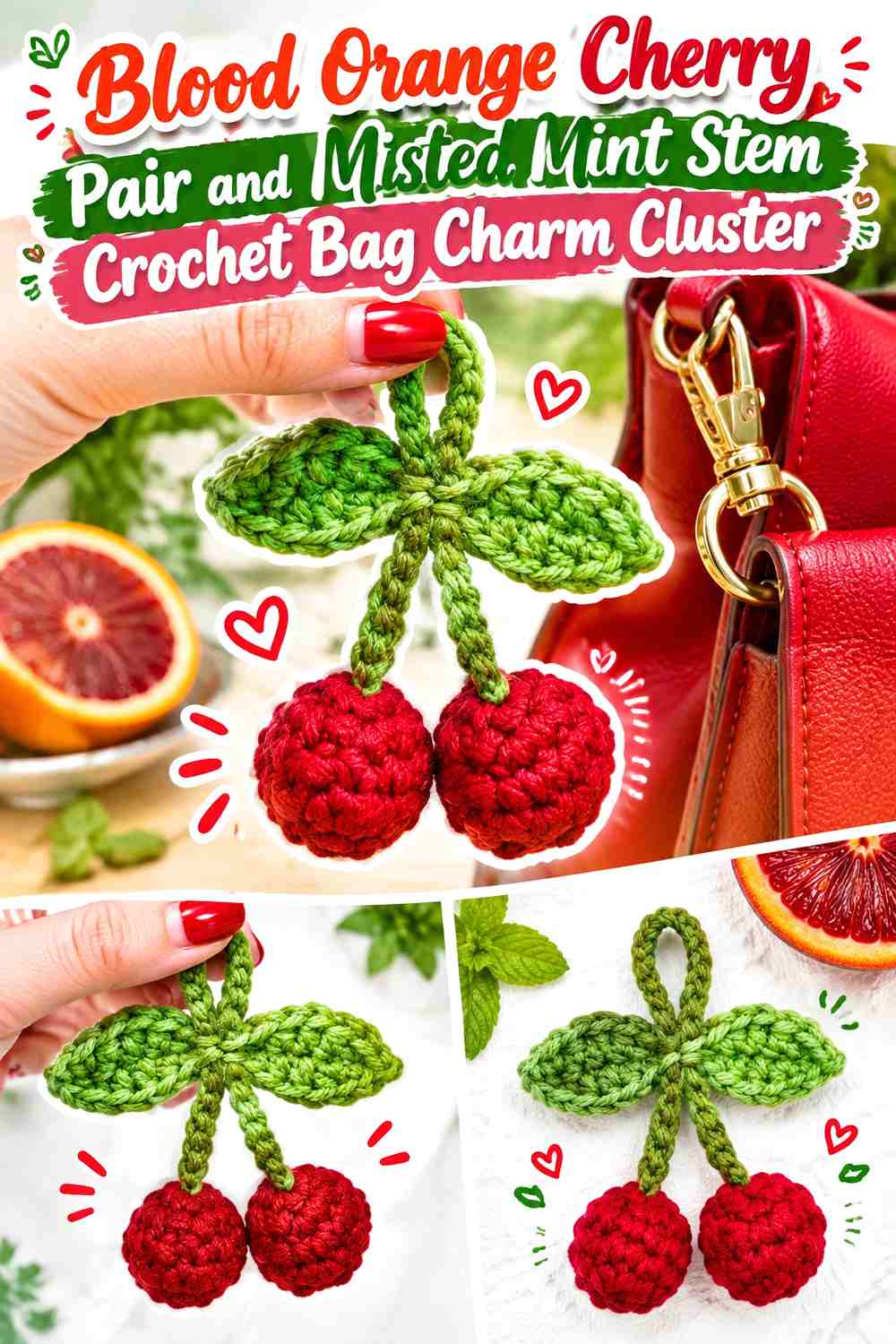 Blood Orange Cherry Pair and Misted Mint Stem Crochet Bag Charm Cluster