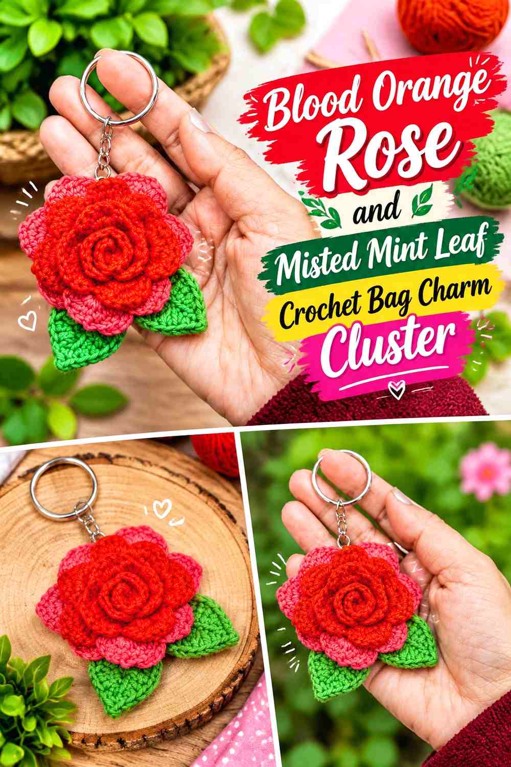 Blood Orange Rose and Misted Mint Leaf Crochet Bag Charm Cluster