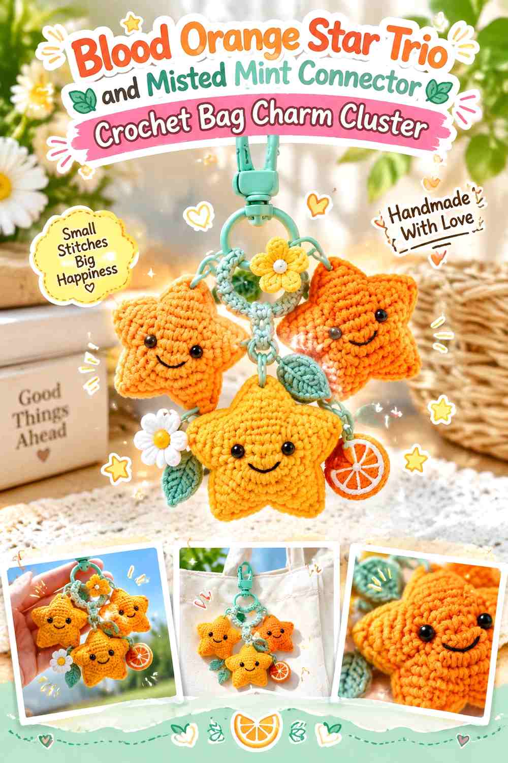 Blood Orange Star Trio and Misted Mint Connector Crochet Bag Charm Cluster