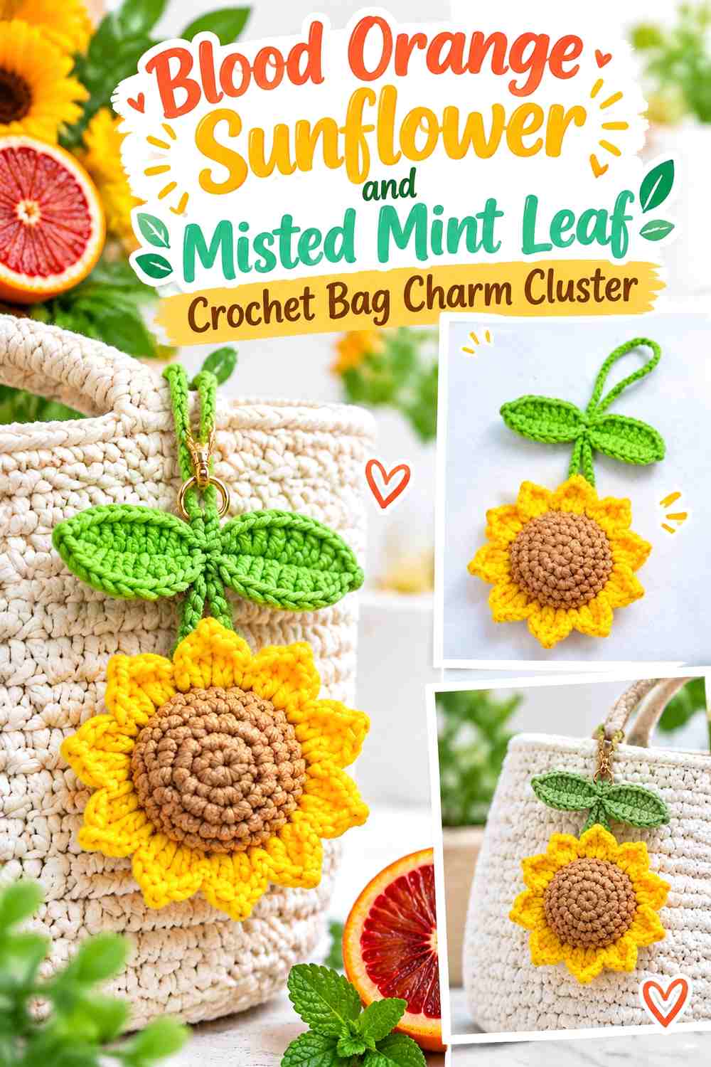Blood Orange Sunflower and Misted Mint Leaf Crochet Bag Charm Cluster