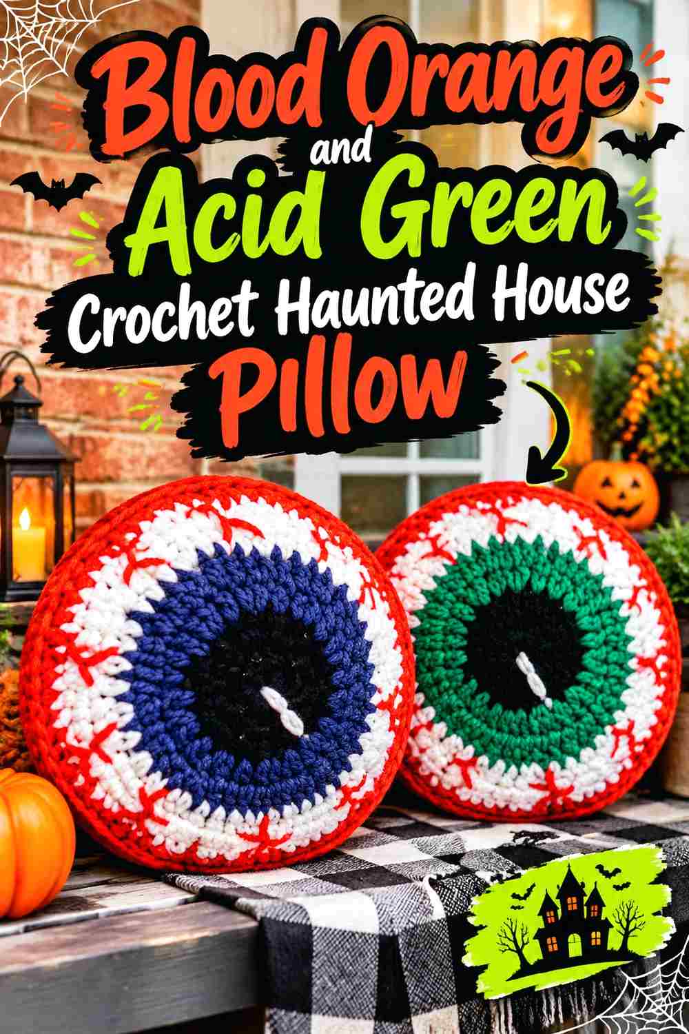 5. Blood Orange And Acid Green Crochet Haunted House Pillow