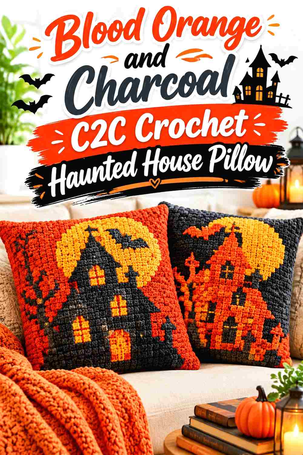 14. Blood Orange And Charcoal C2c Crochet Haunted House Pillow