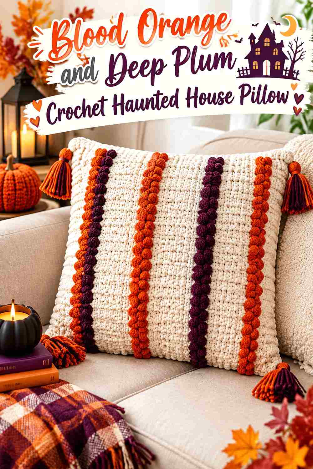 9. Blood Orange And Deep Plum Crochet Haunted House Pillow