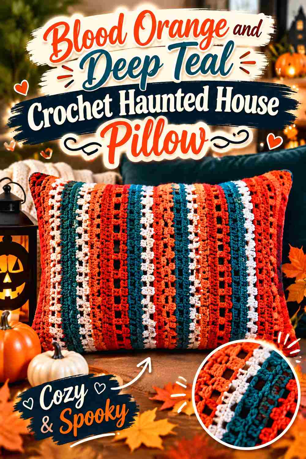 12. Blood Orange And Deep Teal Crochet Haunted House Pillow