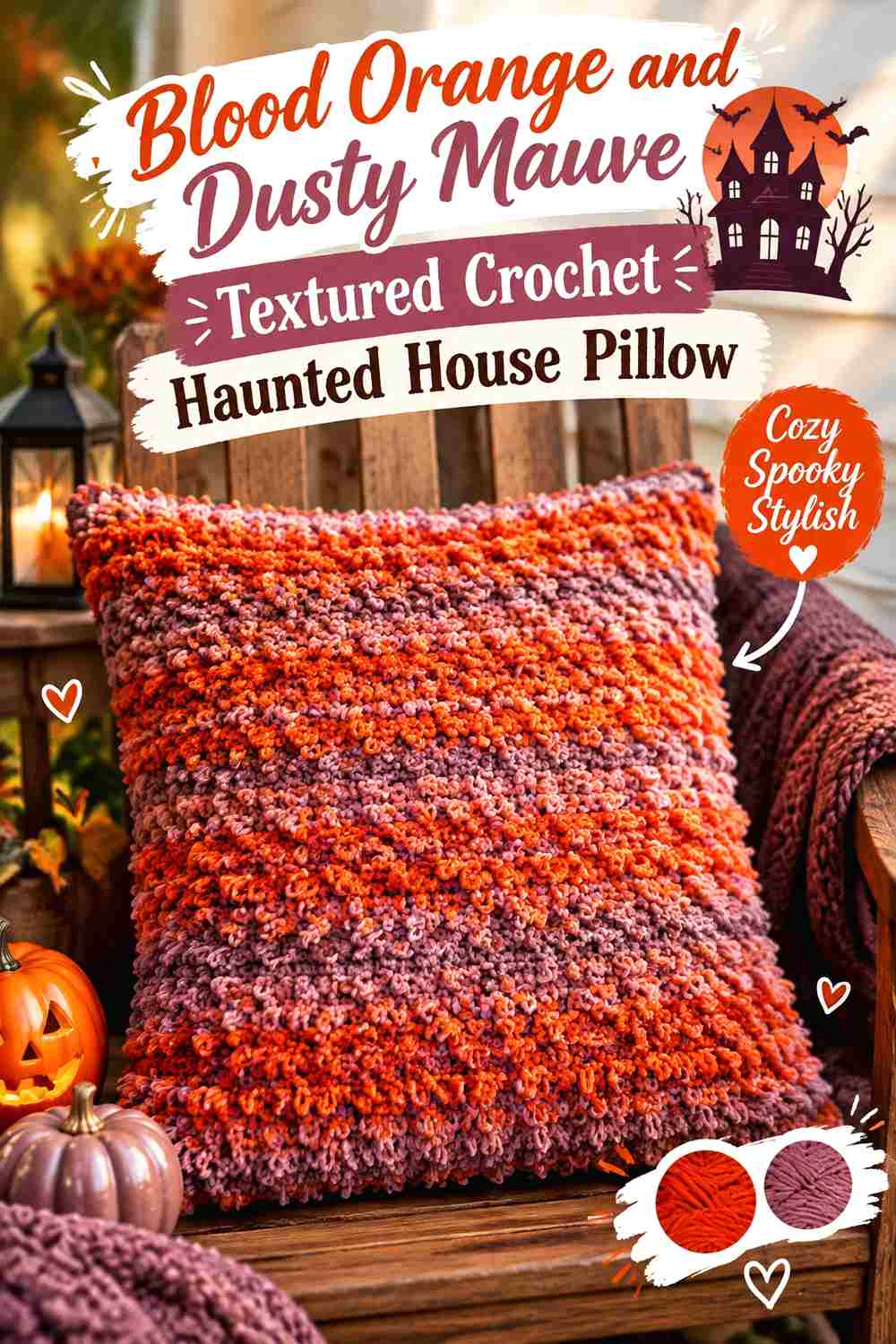 15. Blood Orange And Dusty Mauve Textured Crochet Haunted House Pillow