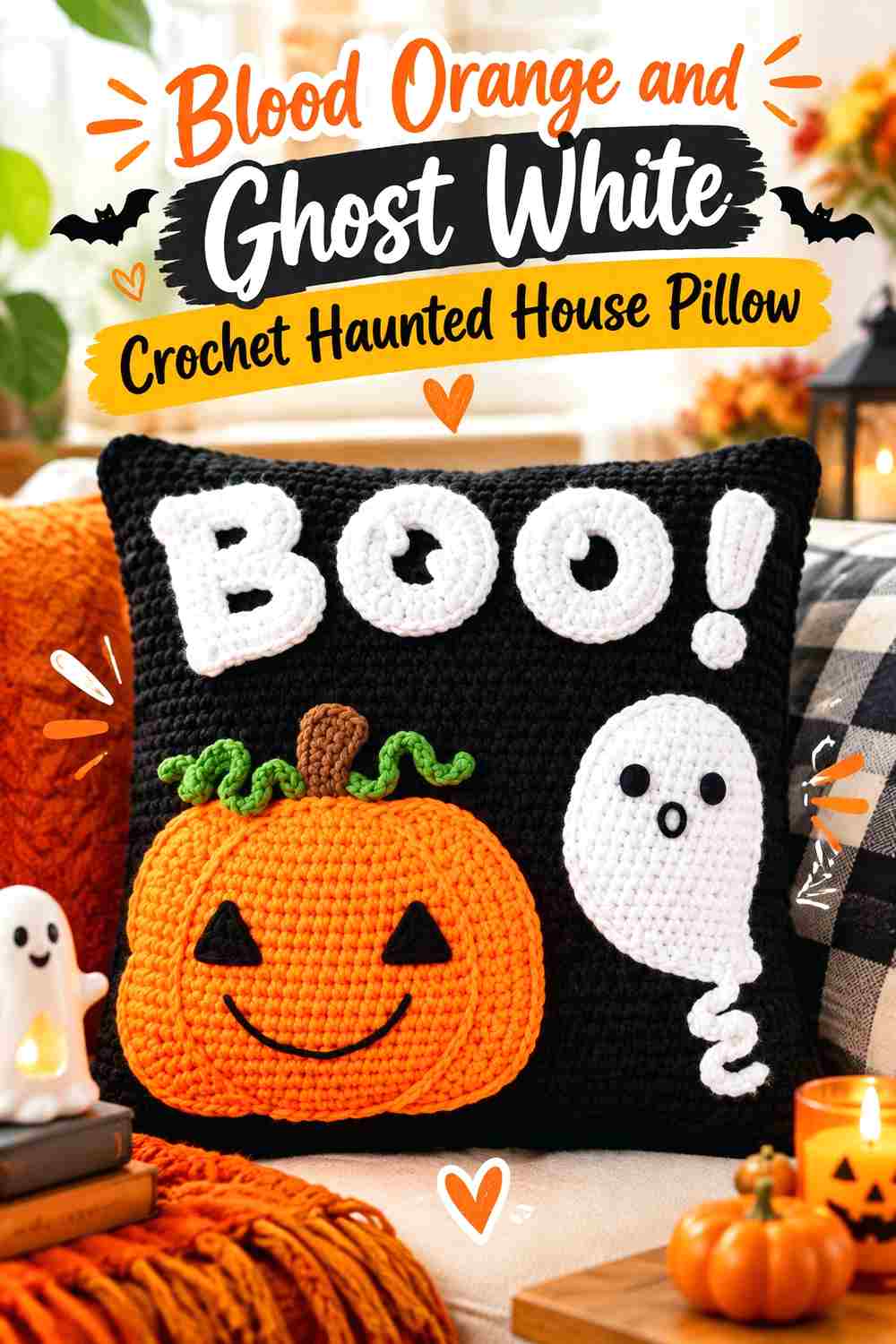 3. Blood Orange And Ghost White Crochet Haunted House Pillow