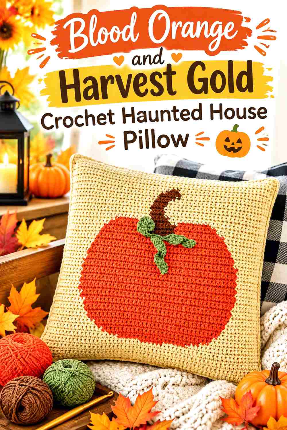 6. Blood Orange And Harvest Gold Crochet Haunted House Pillow