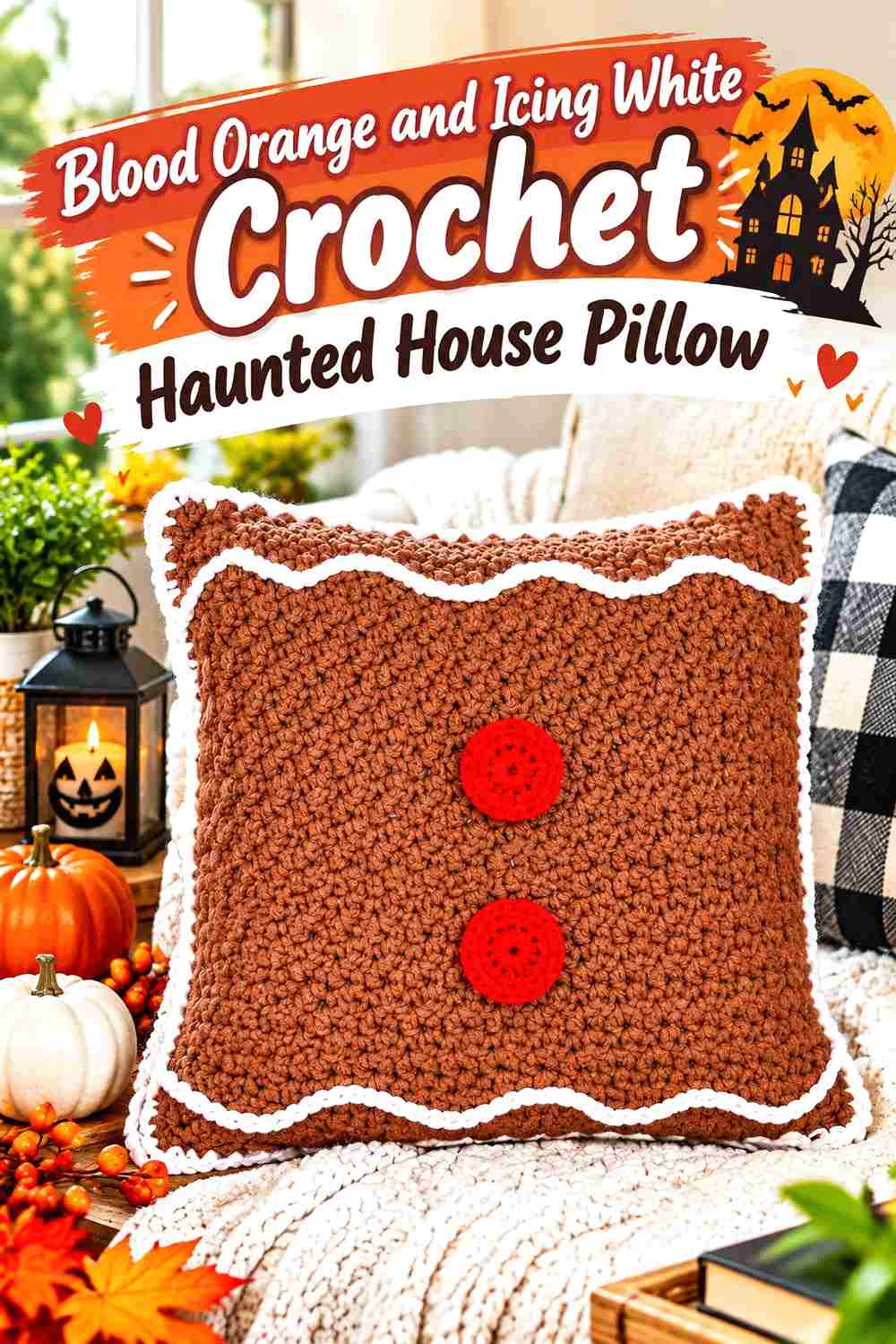11. Blood Orange And Icing White Crochet Haunted House Pillow