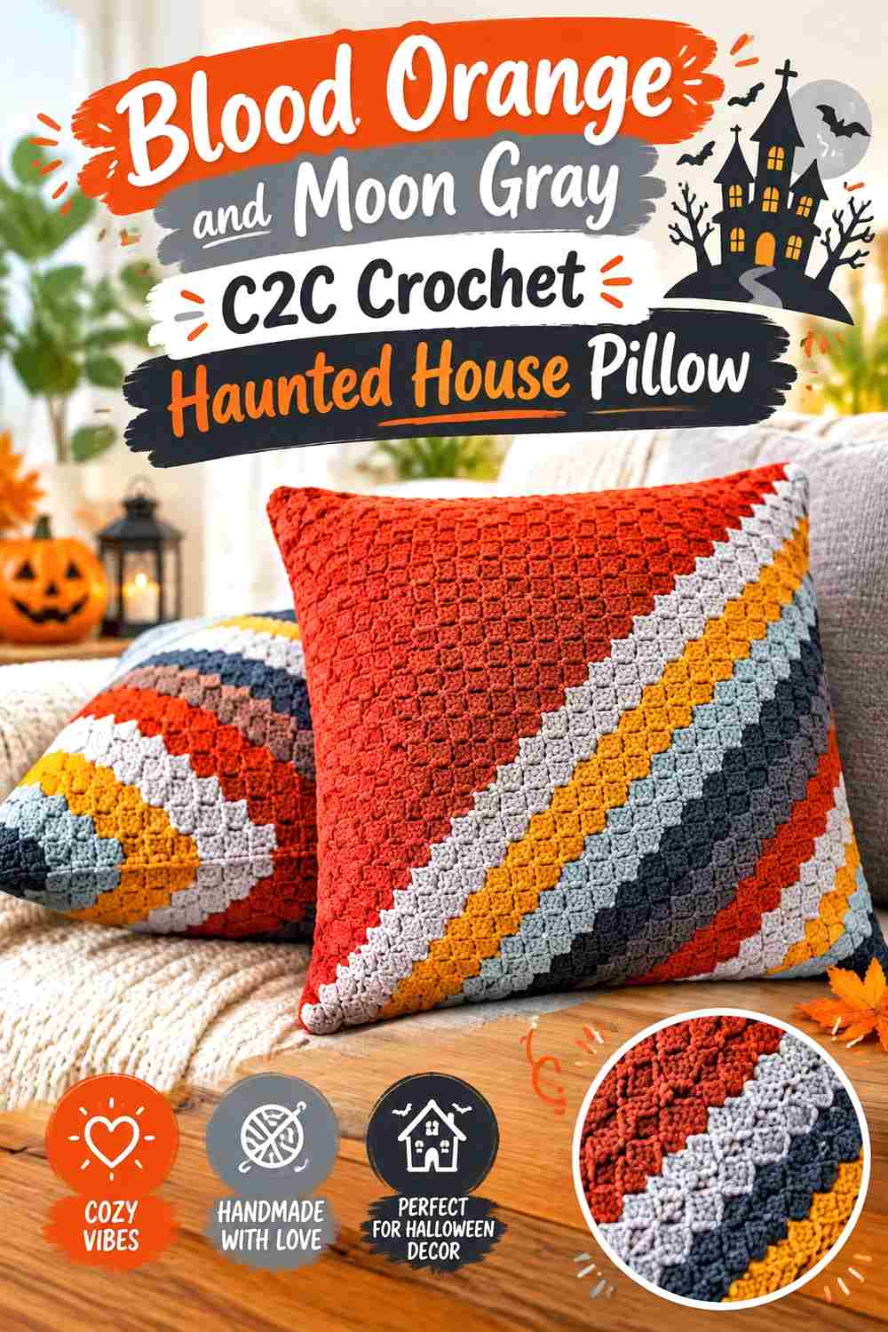 8. Blood Orange And Moon Gray C2c Crochet Haunted House Pillow