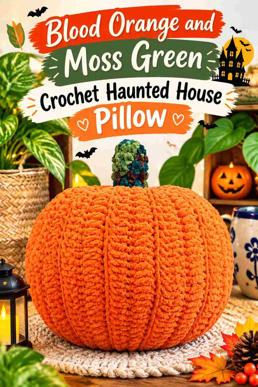 13. Blood Orange And Moss Green Crochet Haunted House Pillow
