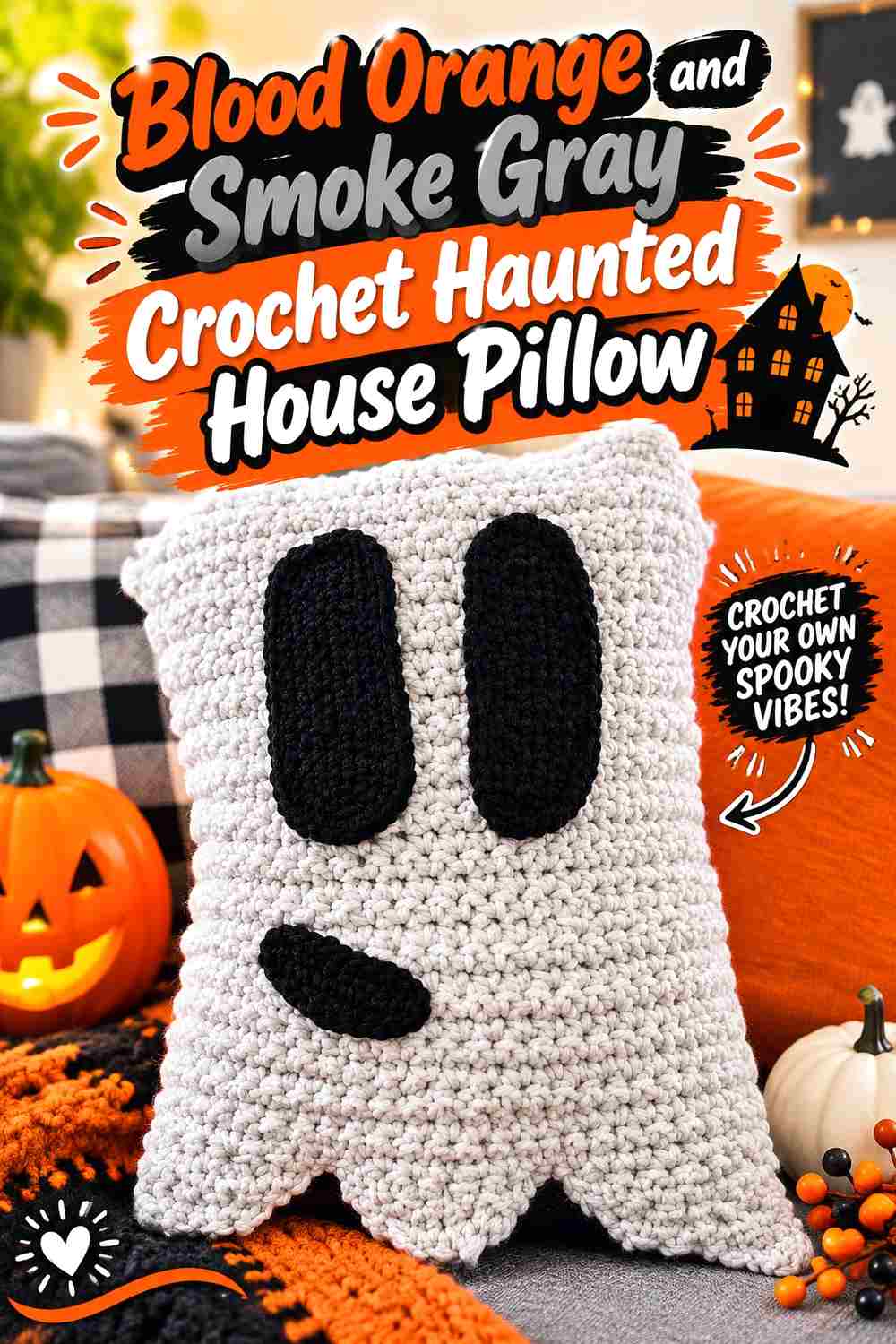 4. Blood Orange And Smoke Gray Crochet Haunted House Pillow